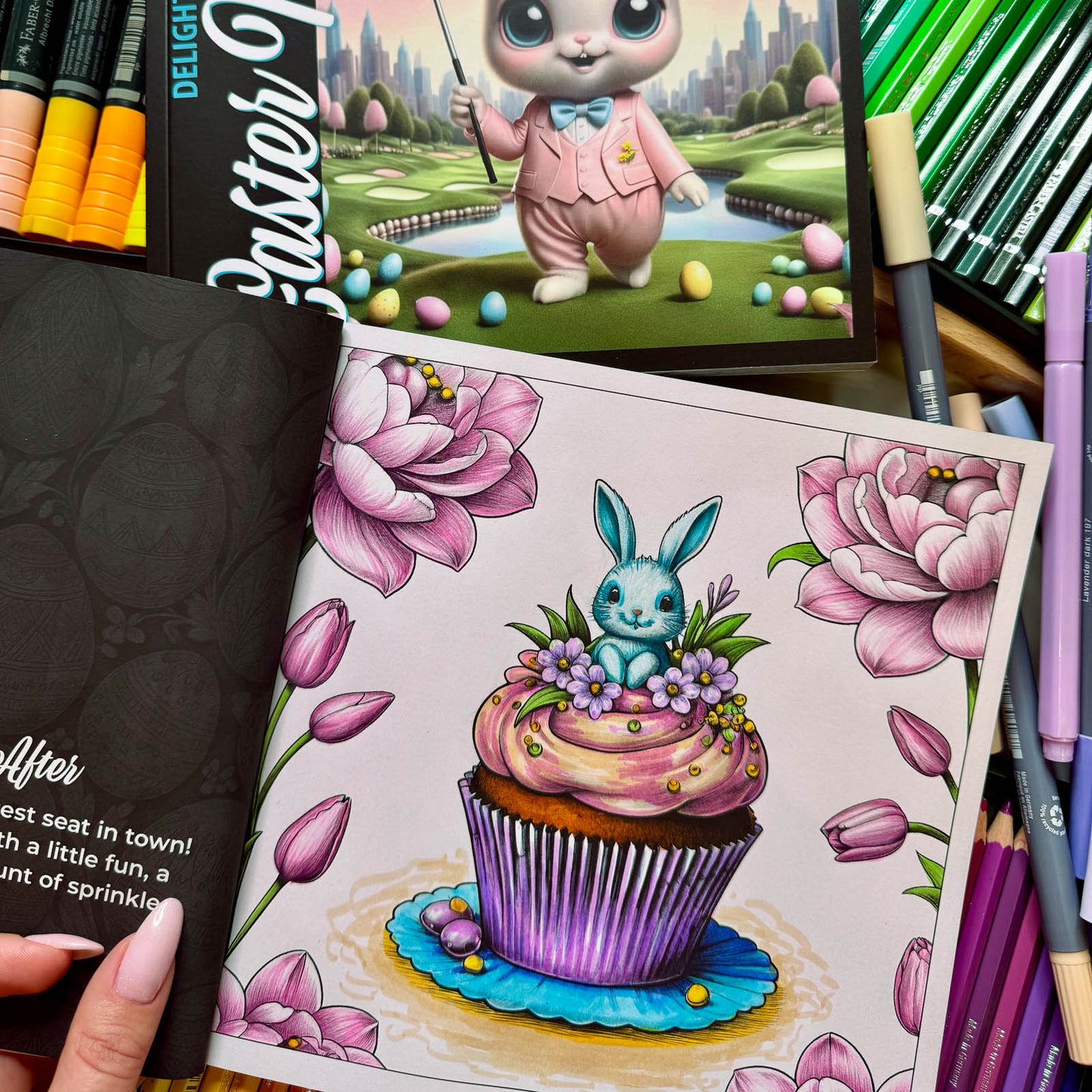 Coloring in progress — bunny in cupcake page with flowers and pencils — from Easter Magic (ages 4–8) | MATI Publishing