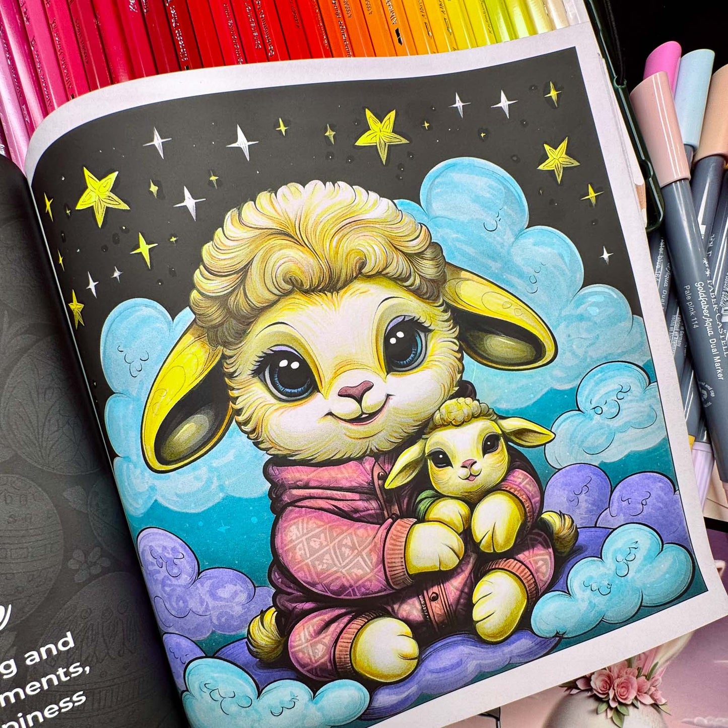 Coloring in progress — lamb cuddling baby lamb on clouds under stars with pencils — from Easter Magic (ages 4–8) | MATI Publishing