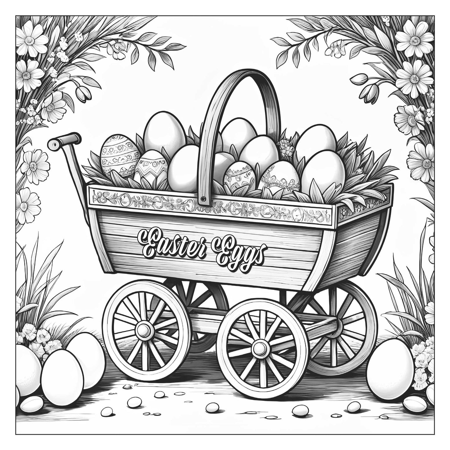 Trolley filled with decorated Easter eggs, flower border — line art coloring page from Easter Magic (ages 4–8) | MATI Publishing