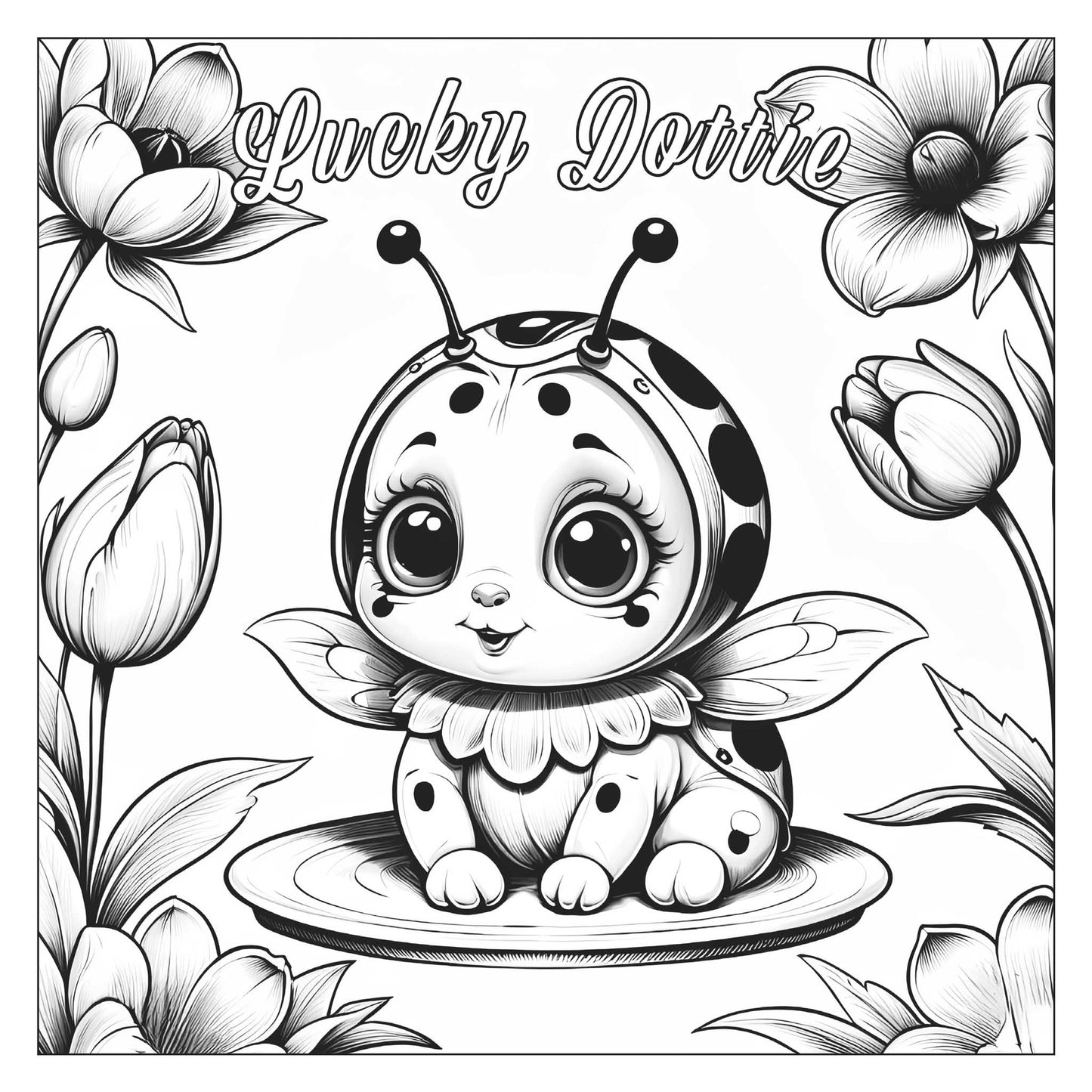 Cute ladybug “Lucky Dottie” with tulips — line art coloring page from Easter Magic (ages 4–8) | MATI Publishing