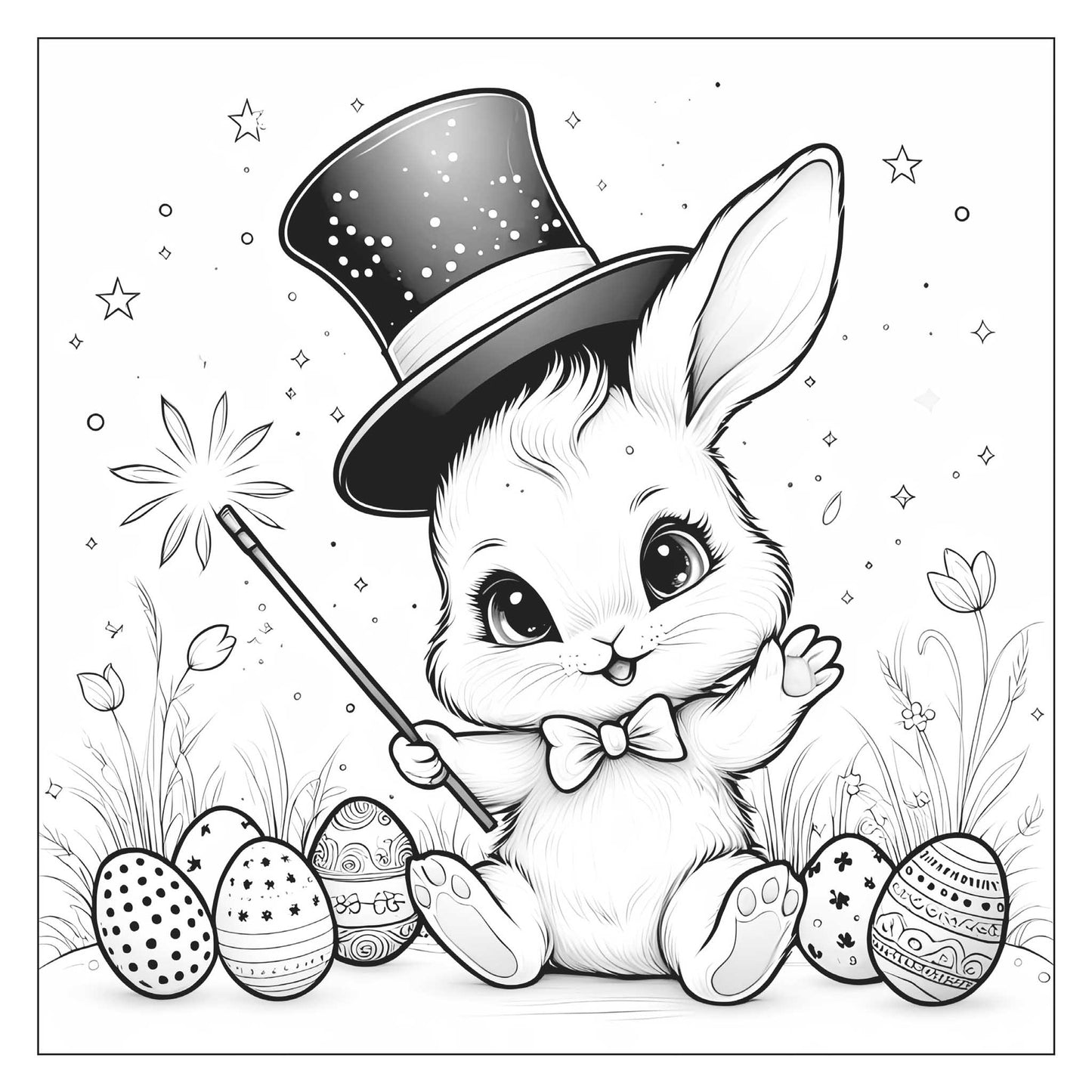 Magic bunny with top hat and wand among decorated eggs — line art coloring page from Easter Magic (ages 4–8) | MATI Publishing