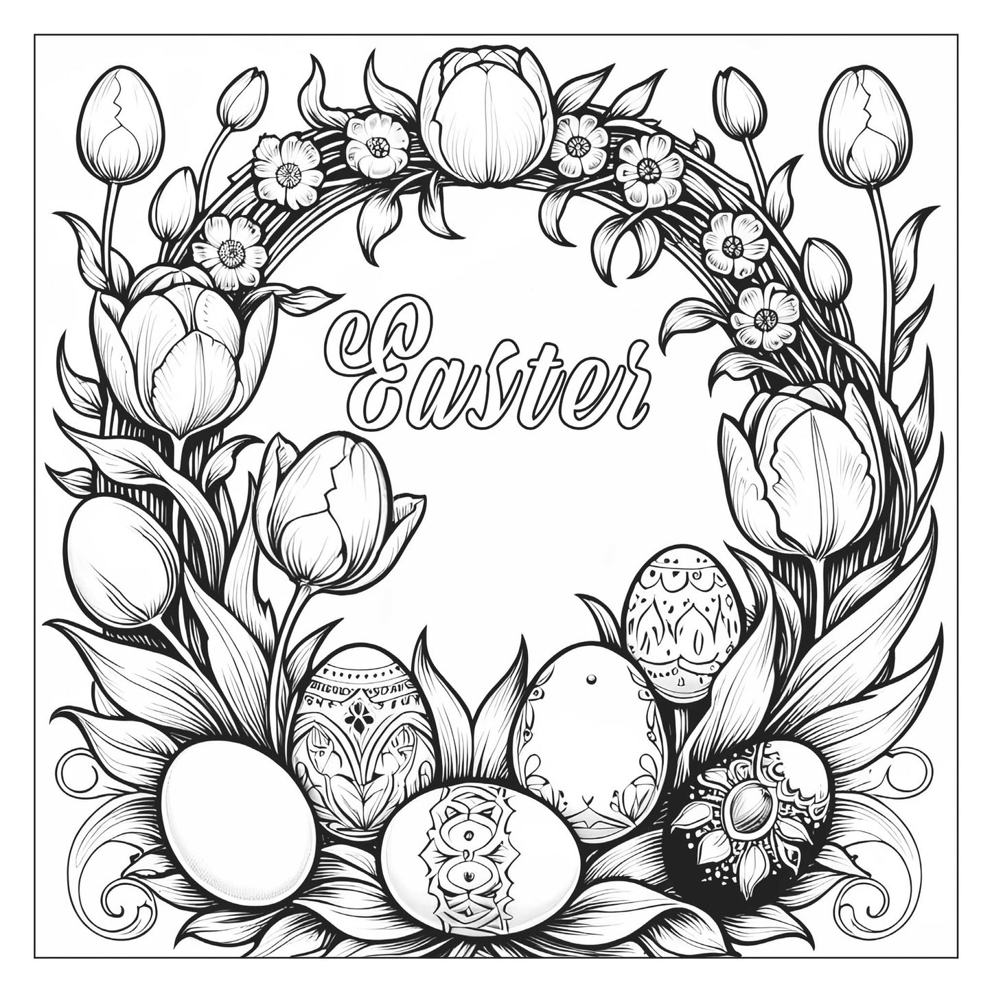 Tulip wreath with “Easter” lettering and decorated eggs — line art coloring page from Easter Magic (ages 4–8) | MATI Publishing