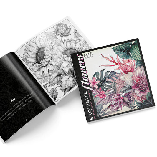 Exquisite Flowers cover and open spread – detailed floral line art | adult coloring | MATI Publishing