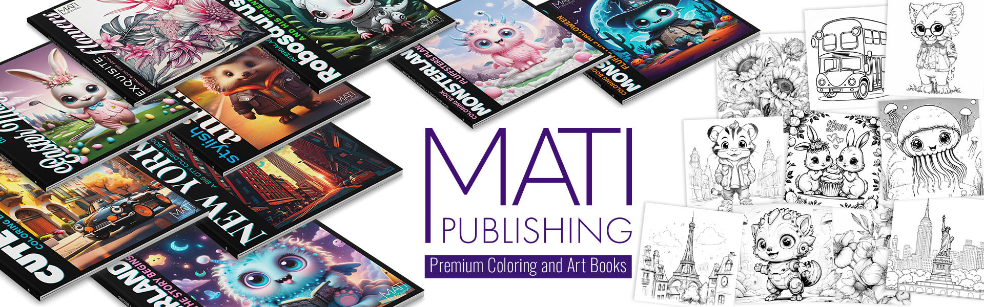 MATI Publishing logo with tagline “Premium Coloring and Art Books” and a spread of book covers including Exquisite Flowers, Stylish Animals, Robosaurus, Monsterland, Cute Cars, and New York Travel Coloring Book