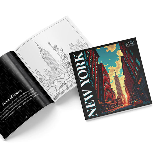 Open spread showing Statue of Liberty coloring page — New York Travel Coloring Book for Adults | MATI Publishing