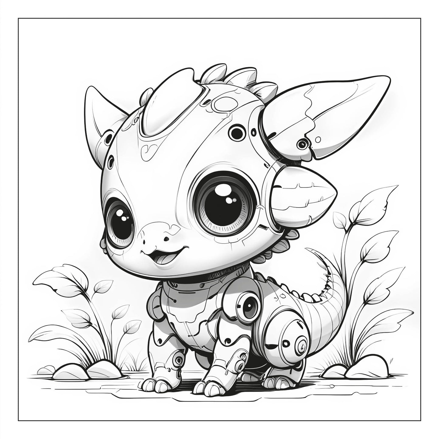 Robot-dinosaur scene — line art coloring page from Robosaurus and His Friends (ages 4–8) | MATI Publishing