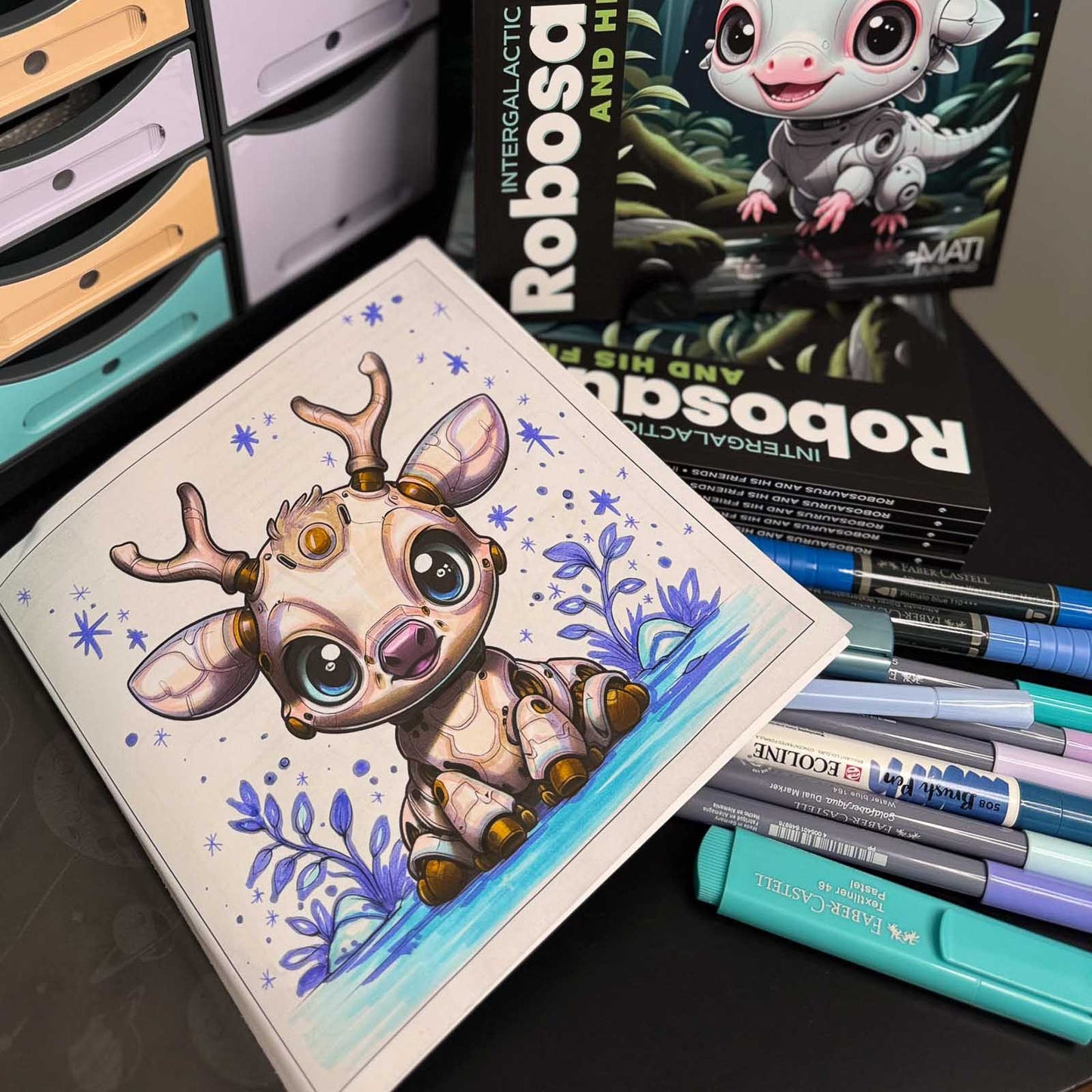 Coloring in progress — robot creature page from Robosaurus and His Friends (ages 4–8) with markers | MATI Publishing
