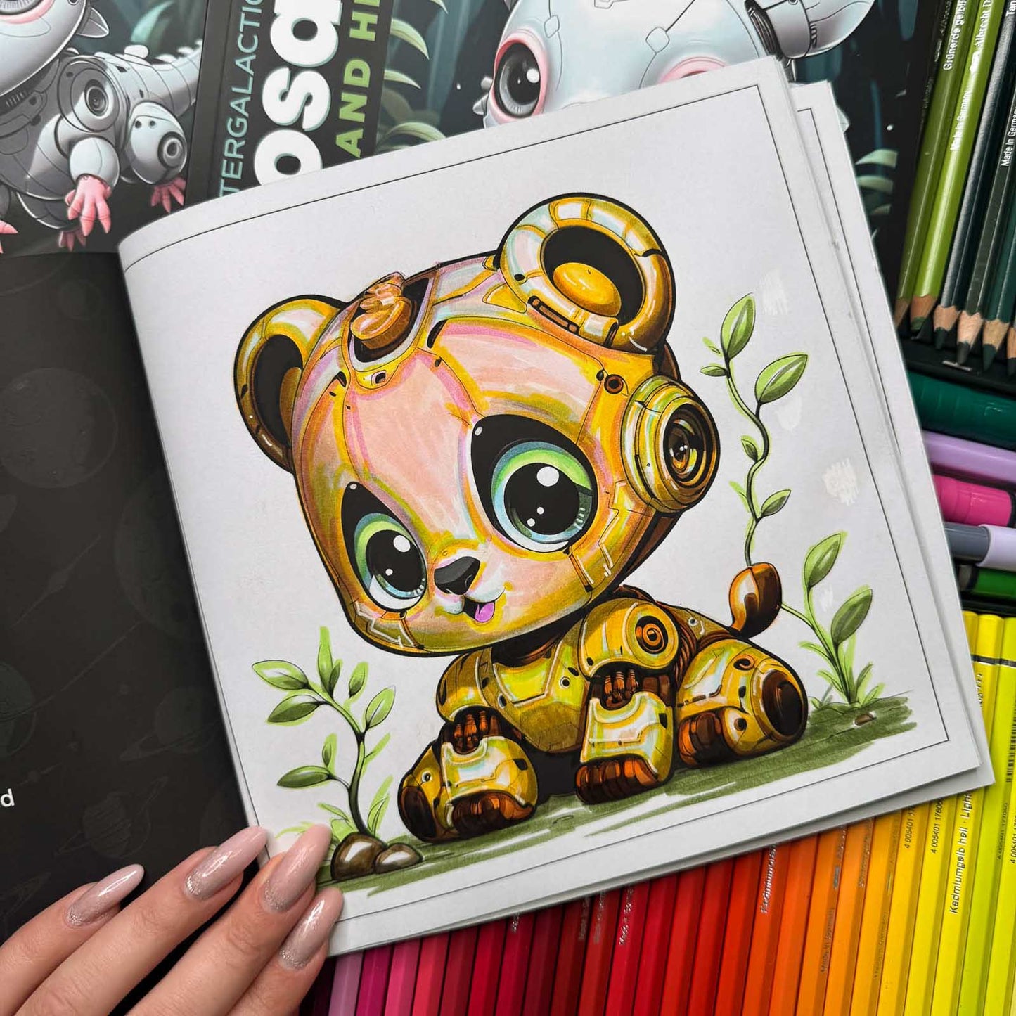 Coloring in progress — robot creature page from Robosaurus and His Friends (ages 4–8) with colored pencils | MATI Publishing