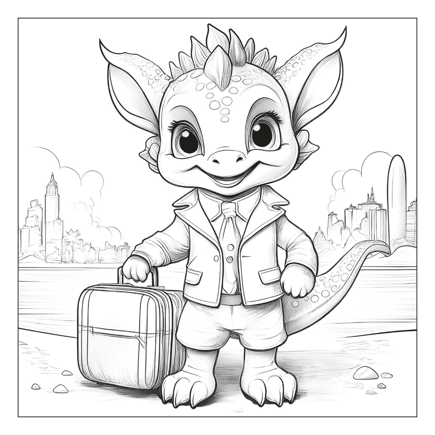 Smiling dragon in a summer suit with a travel pack — line art coloring page from Stylish Animals (ages 4–8) | MATI Publishing