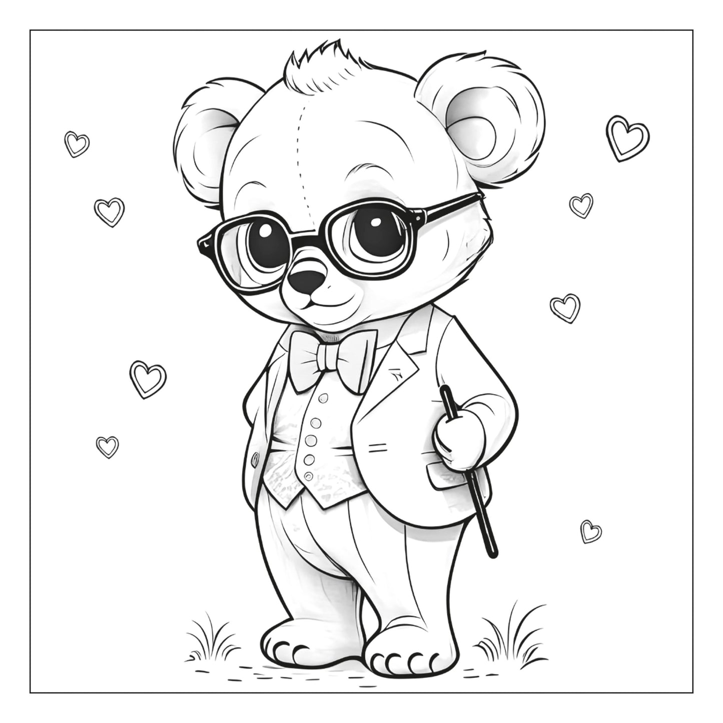Bear with glasses and bow tie — line art coloring page from Stylish Animals (ages 4–8) | MATI Publishing