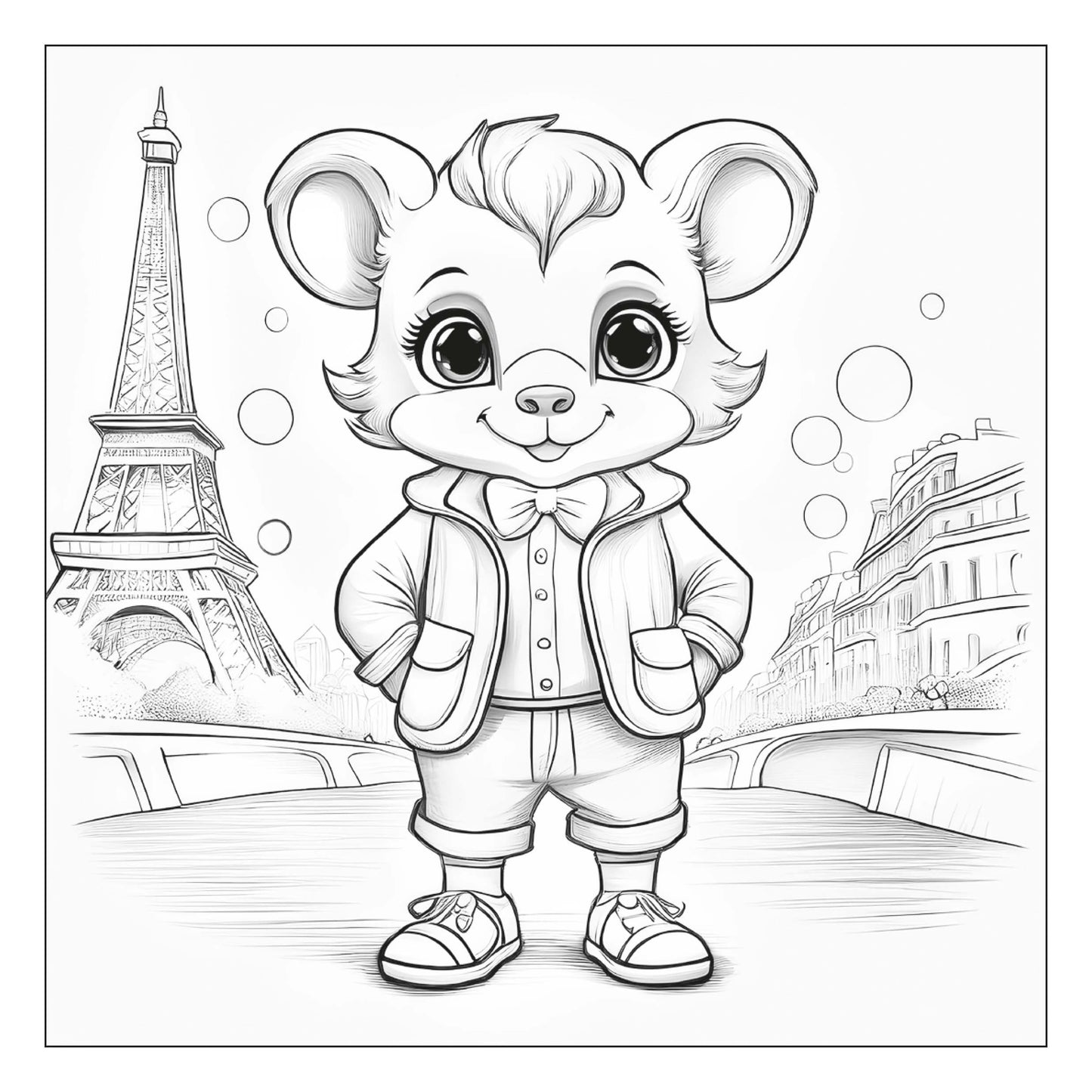 Bear in a coat and a bow with an Eiffel tower on the background — line art coloring page from Stylish Animals (ages 4–8) | MATI Publishing