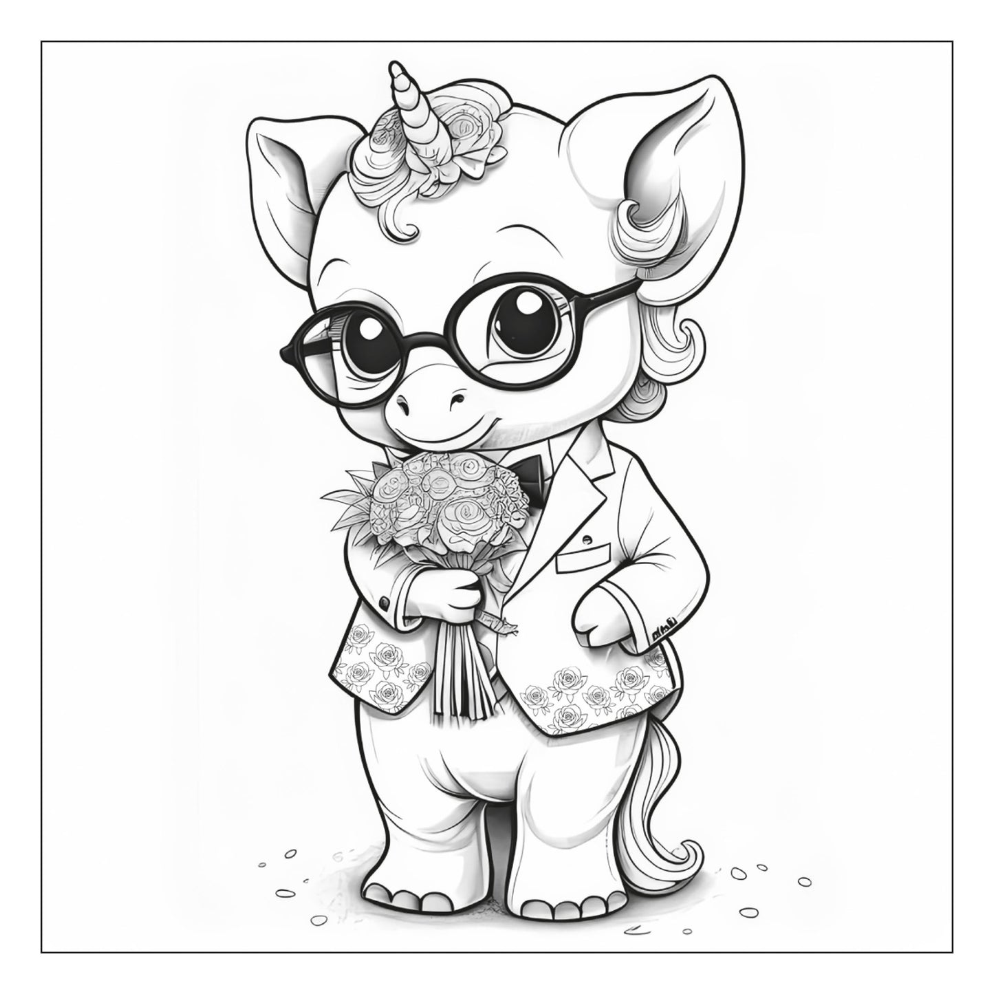 Unicorn in elegant jacket and flowers — line art coloring page from Stylish Animals (ages 4–8) | MATI Publishing