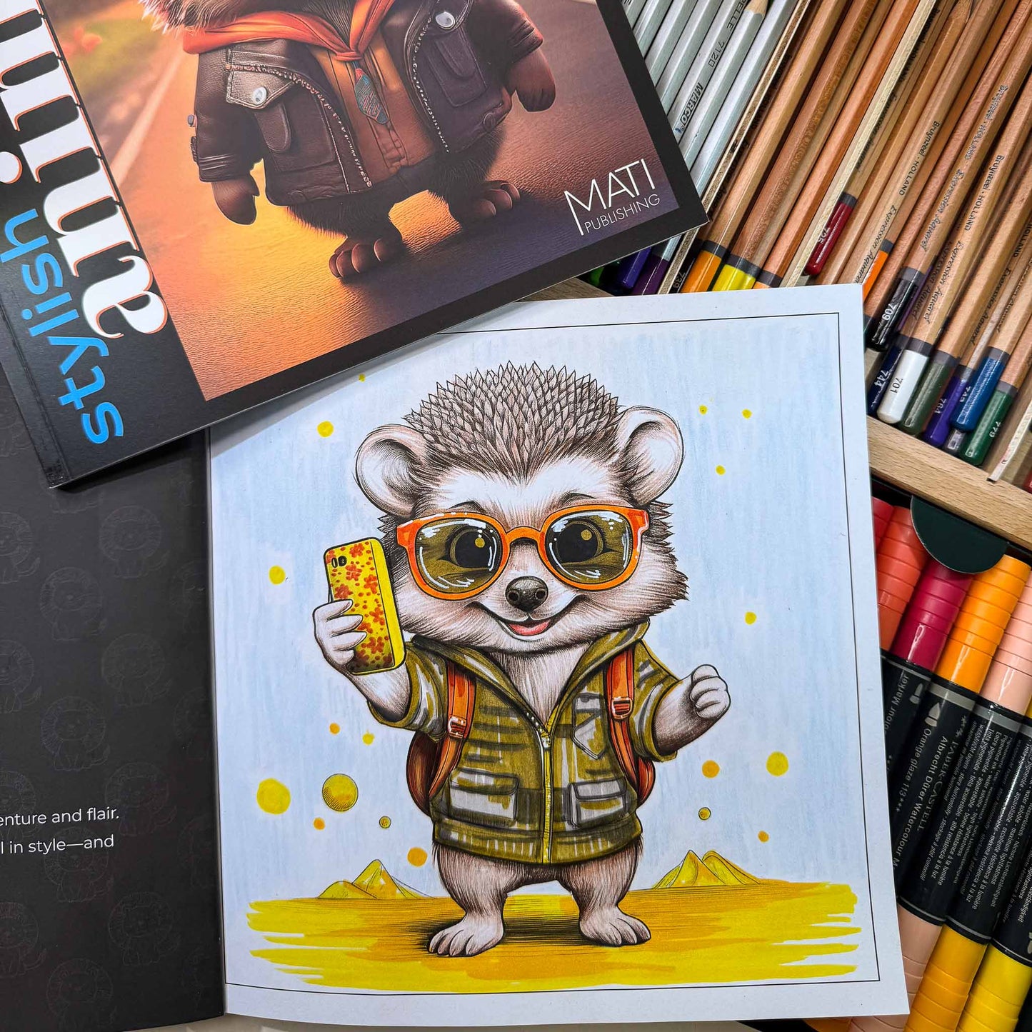 Stylish Animals — coloring page in progress (ages 4–8) | MATI Publishing