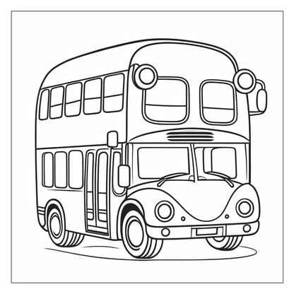 Double-decker bus scene — line art coloring page from Cute Cars (ages 4–8) | MATI Publishing