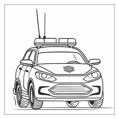 Police car scene — line art coloring page from Cute Cars (ages 4–8) | MATI Publishing