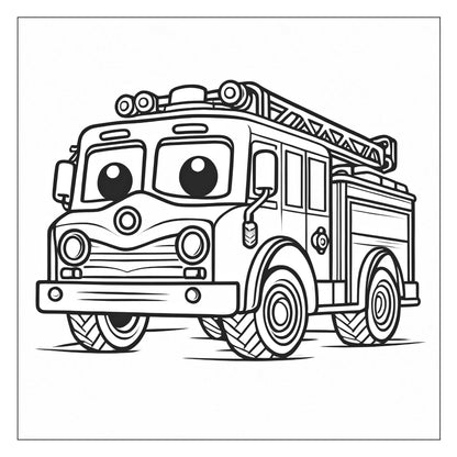 Fire truck scene — line art coloring page from Cute Cars (ages 4–8) | MATI Publishing