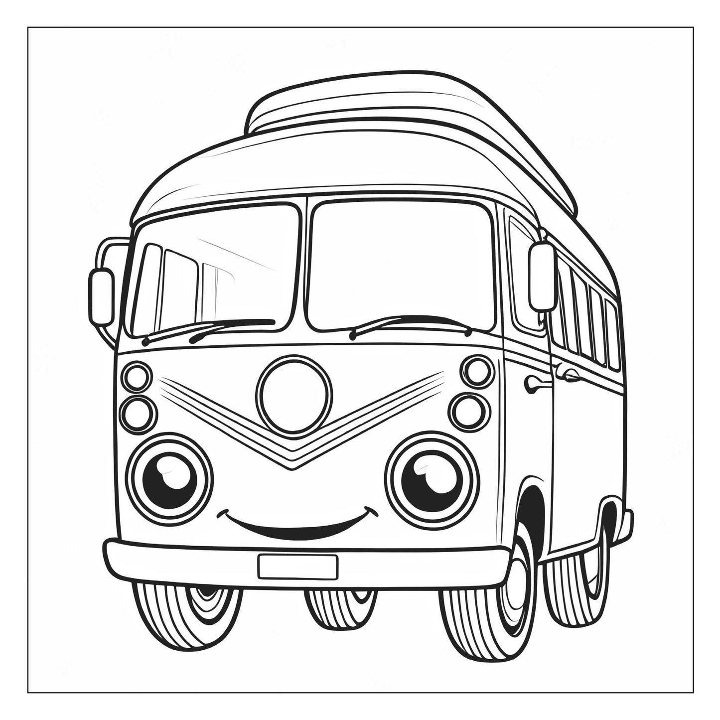 Camper van scene — line art coloring page from Cute Cars (ages 4–8) | MATI Publishing