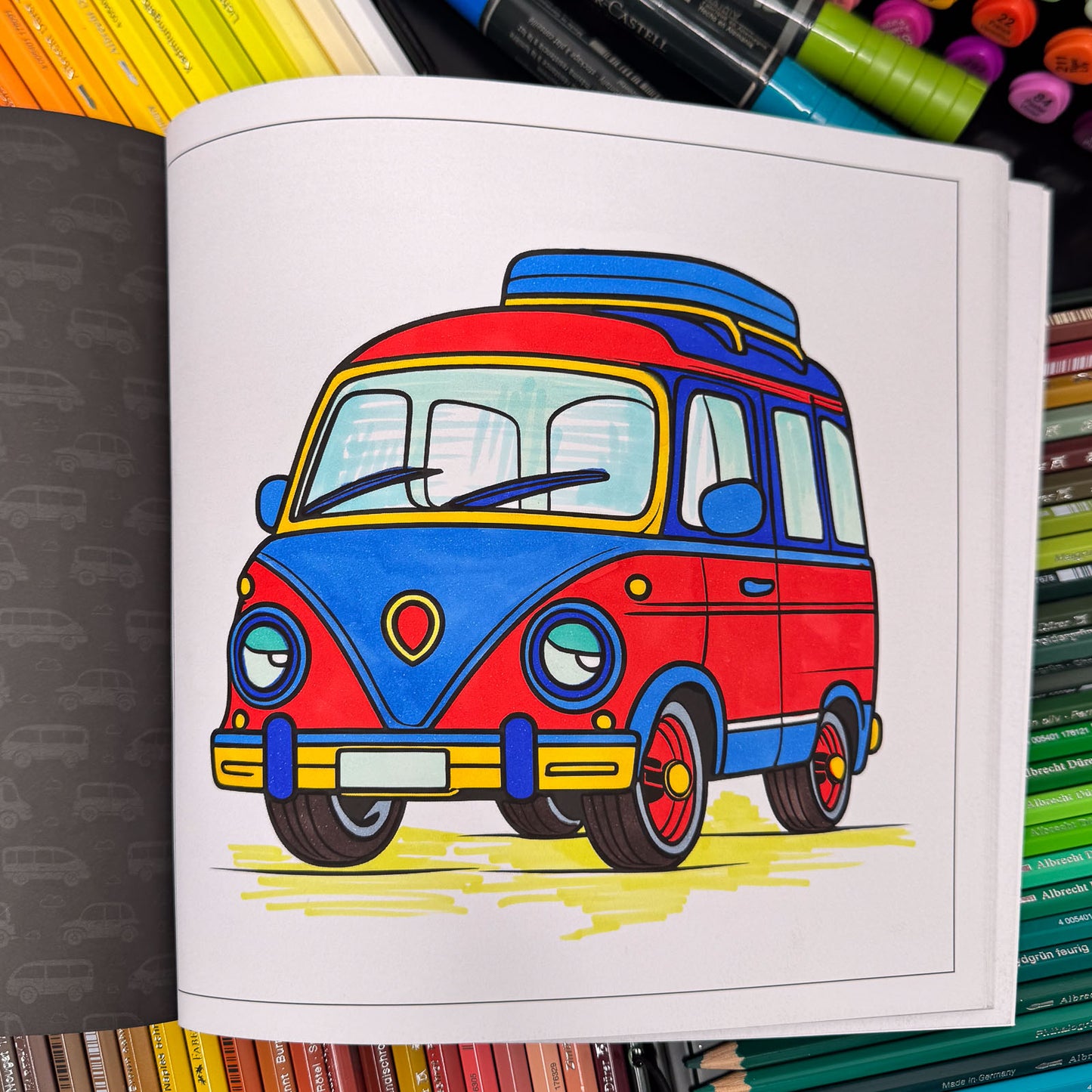 Coloring in progress — camper van page from Cute Cars (ages 4–8) with colored pencils | MATI Publishing