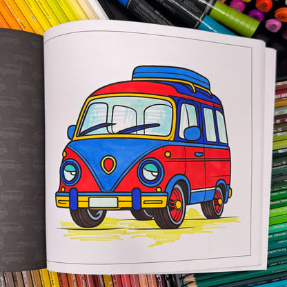 Coloring in progress — camper van page from Cute Cars (ages 4–8) with colored pencils | MATI Publishing