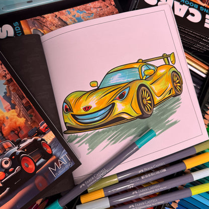 Coloring in progress — sports car page from Cute Cars (ages 4–8) with markers | MATI Publishing