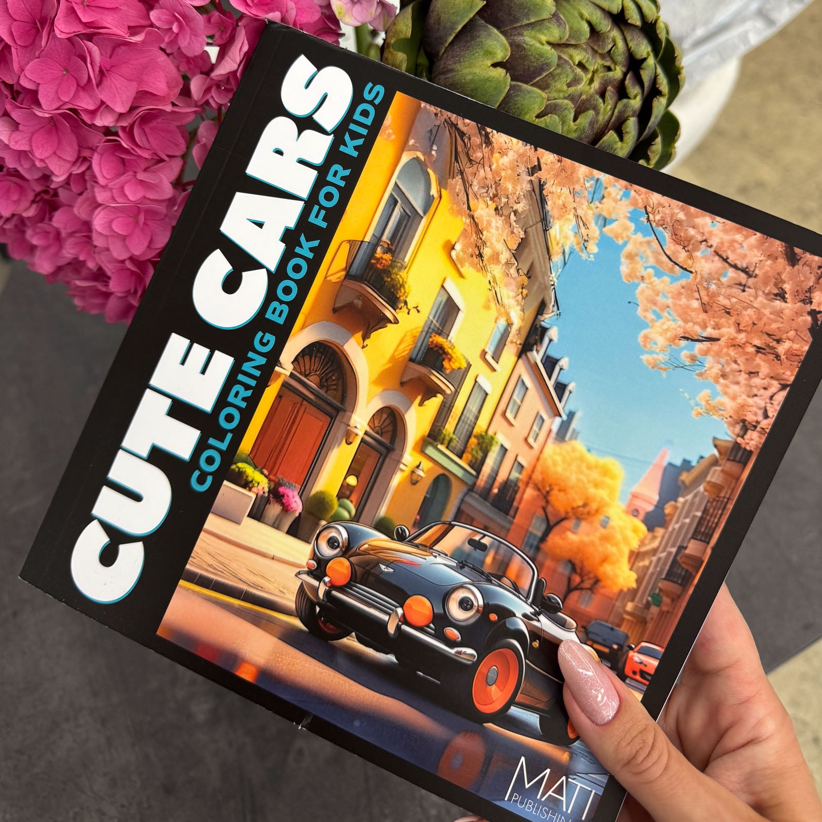 Cute Cars — coloring book cover in hand with flowers | MATI Publishing