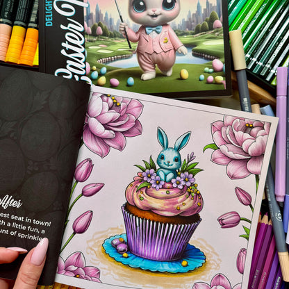 Coloring in progress — bunny in cupcake page with flowers and pencils — from Easter Magic (ages 4–8) | MATI Publishing
