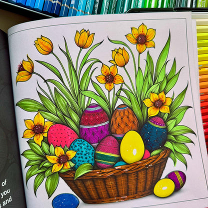 Coloring in progress — basket of decorated Easter eggs with flowers and pencils — from Easter Magic (ages 4–8) | MATI Publishing