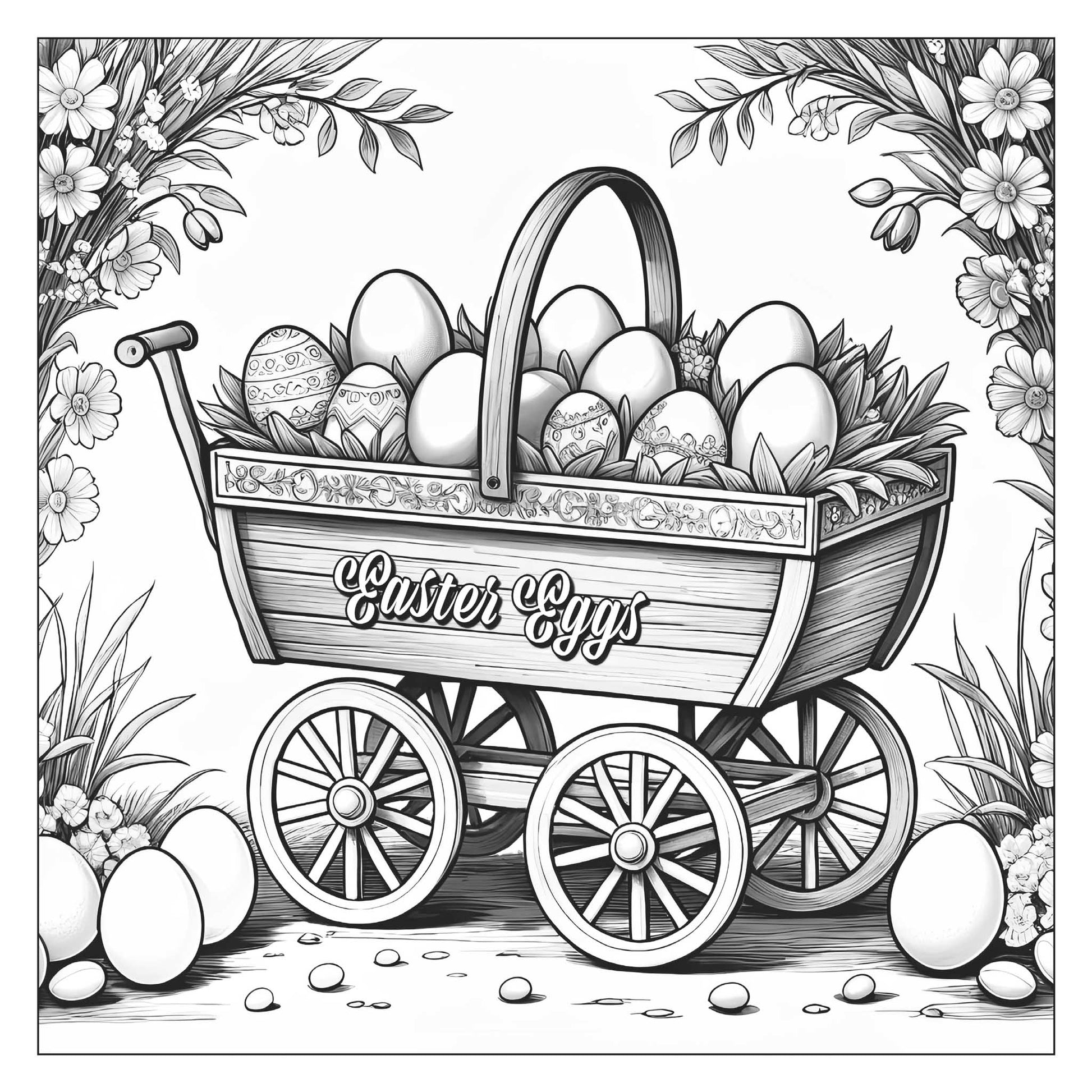 Trolley filled with decorated Easter eggs, flower border — line art coloring page from Easter Magic (ages 4–8) | MATI Publishing