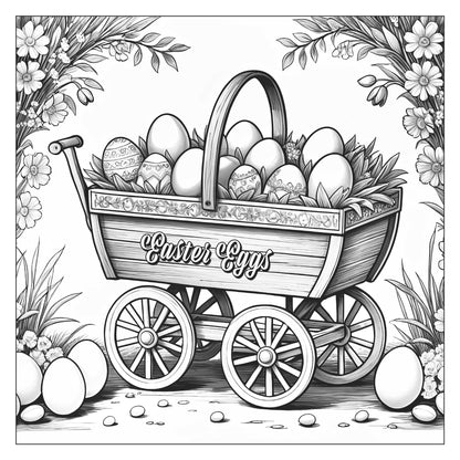 Trolley filled with decorated Easter eggs, flower border — line art coloring page from Easter Magic (ages 4–8) | MATI Publishing