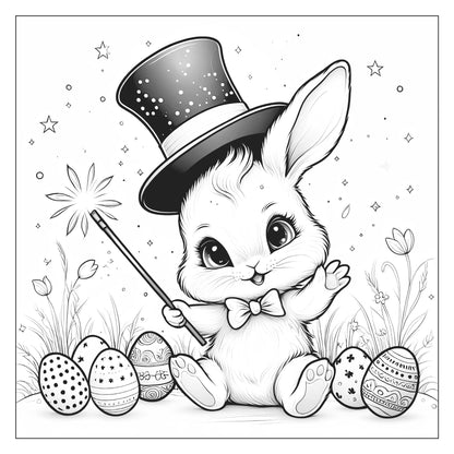 Magic bunny with top hat and wand among decorated eggs — line art coloring page from Easter Magic (ages 4–8) | MATI Publishing