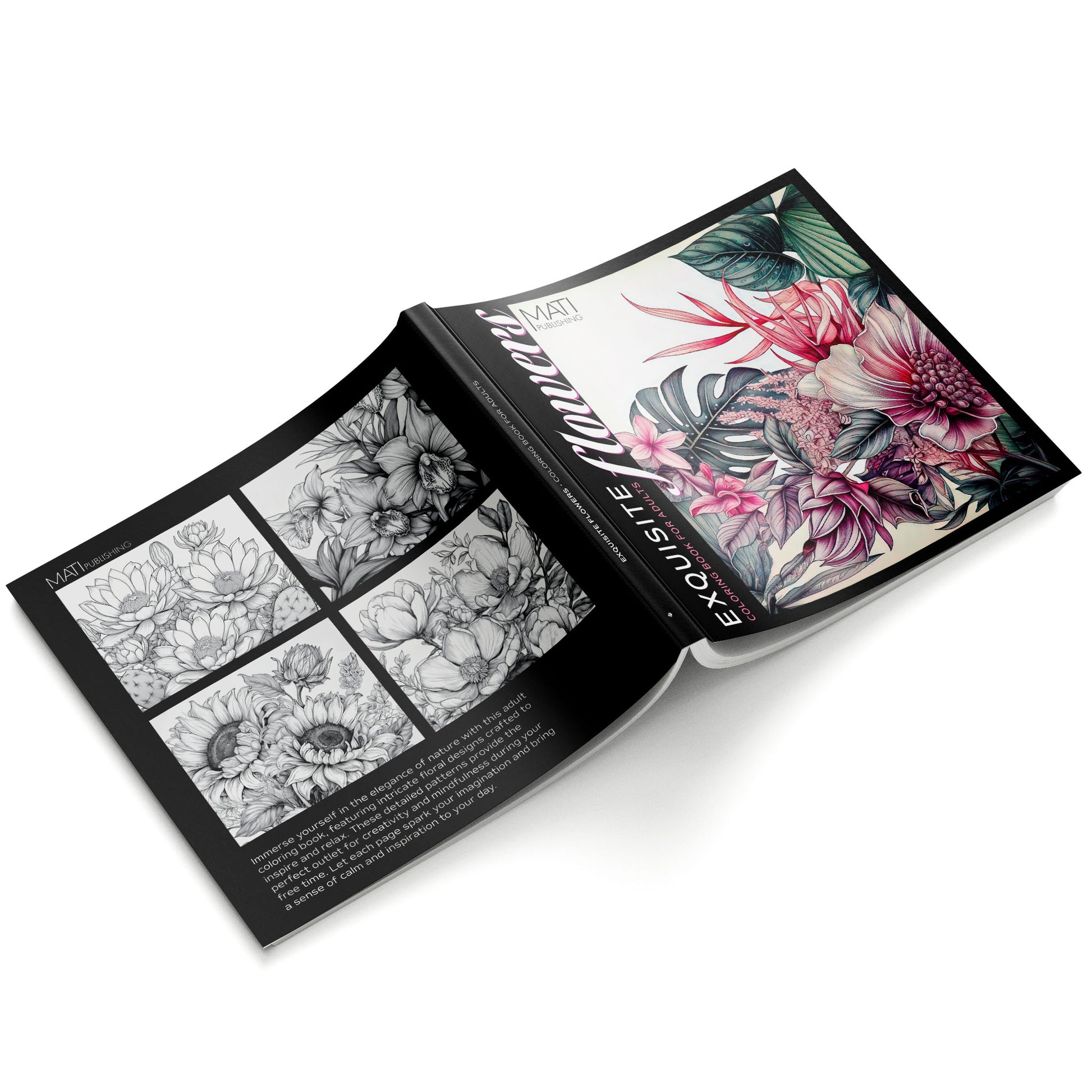 Exquisite Flowers back cover – detailed floral line art | adult coloring | MATI Publishing
