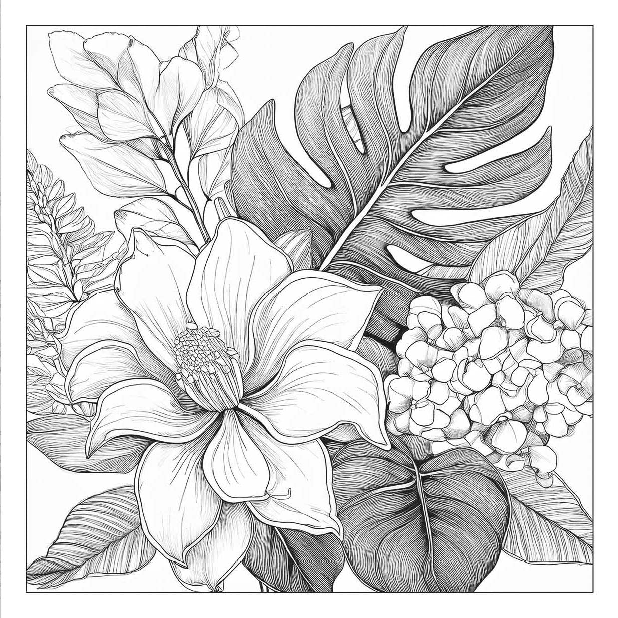 Exquisite Flowers – floral adult coloring book with detailed tropical flowers and leaves | MATI Publishing