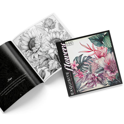Exquisite Flowers cover and open spread – detailed floral line art | adult coloring | MATI Publishing