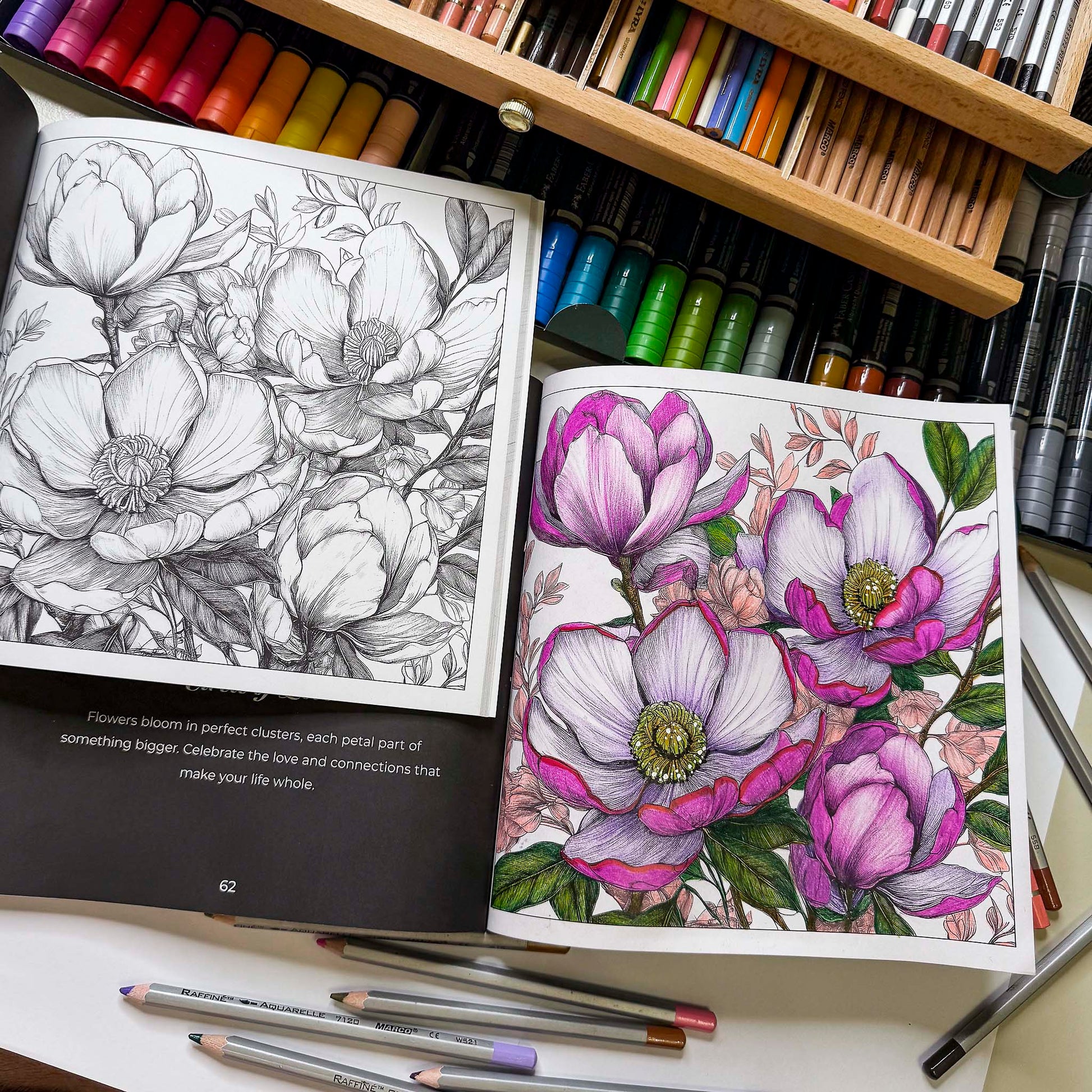 Exquisite Flowers – detailed floral line art colored sample before and after | adult coloring | MATI Publishing