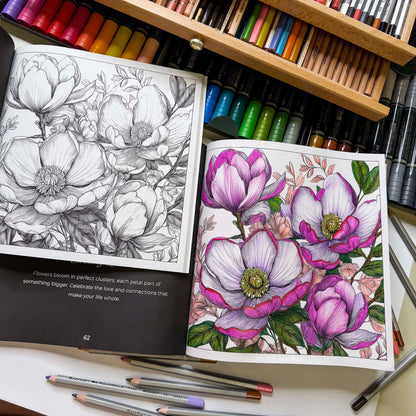 Exquisite Flowers – detailed floral line art colored sample before and after | adult coloring | MATI Publishing