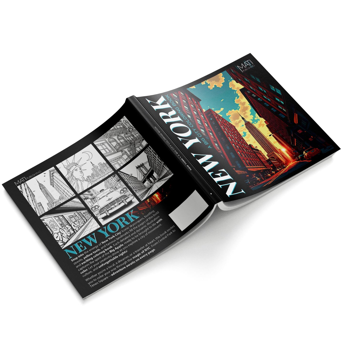 Back cover and front cover of New York Travel Coloring Book for Adults | MATI Publishing