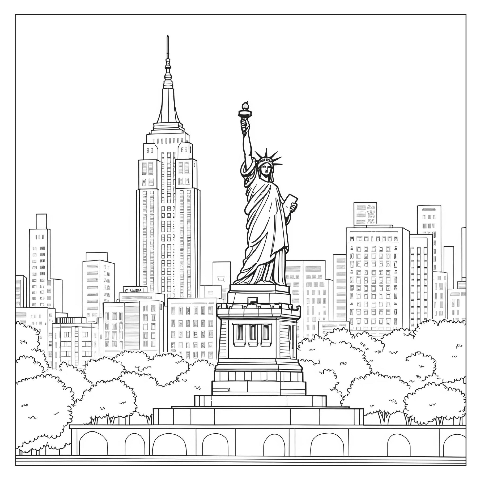 Statue of Liberty with Empire State Building — line art coloring page from New York Travel Coloring Book for Adults | MATI Publishing