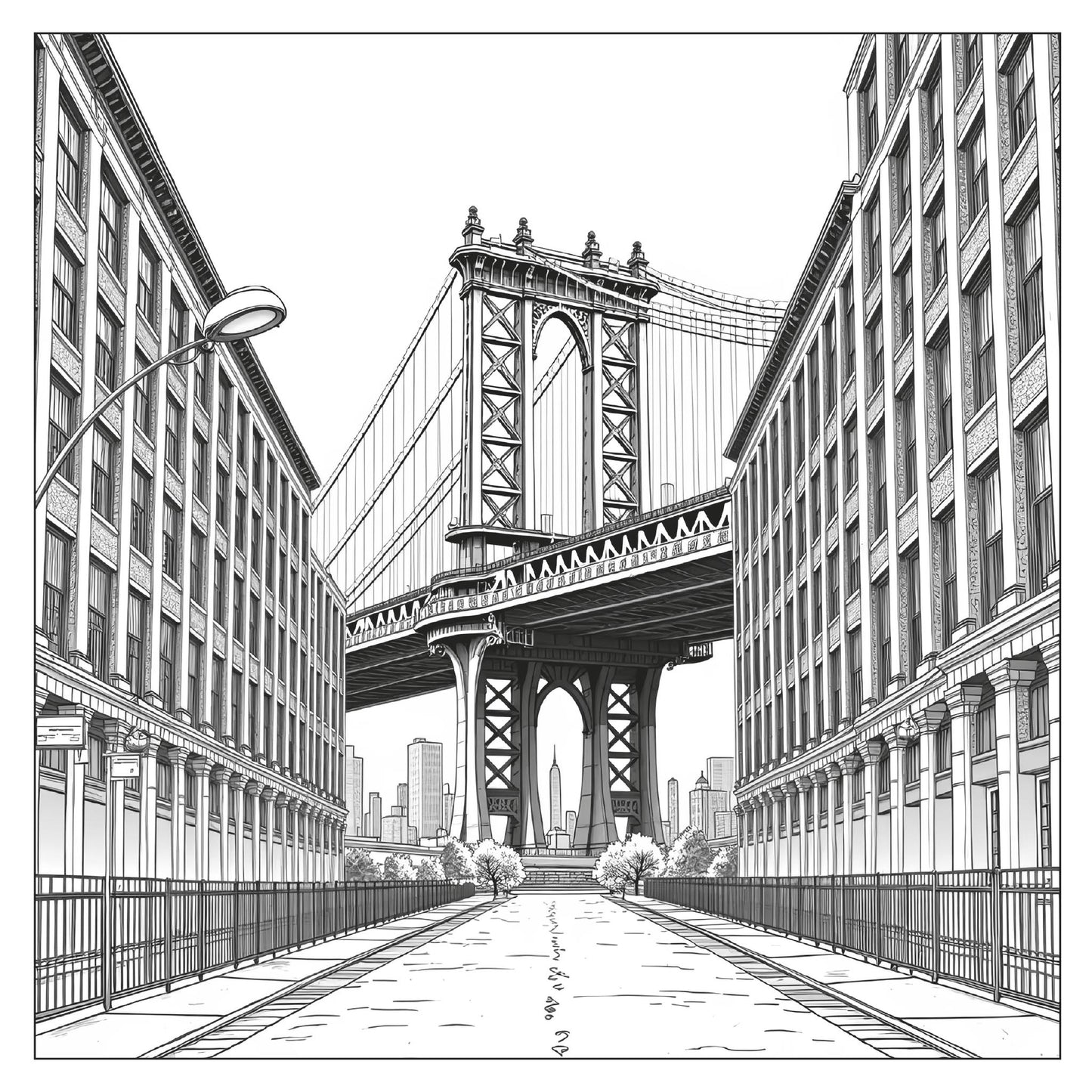 Manhattan Bridge view between buildings — line art coloring page from New York Travel Coloring Book for Adults | MATI Publishing
