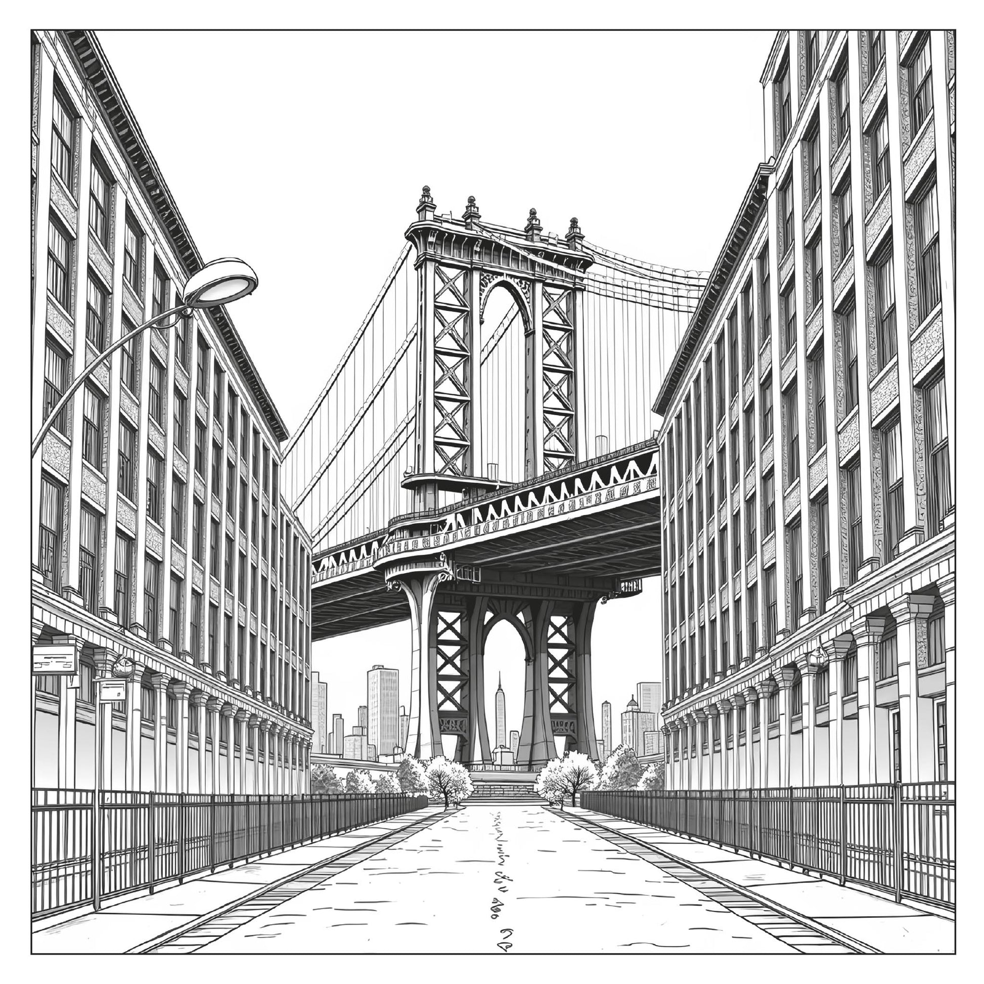 Manhattan Bridge view between buildings — line art coloring page from New York Travel Coloring Book for Adults | MATI Publishing
