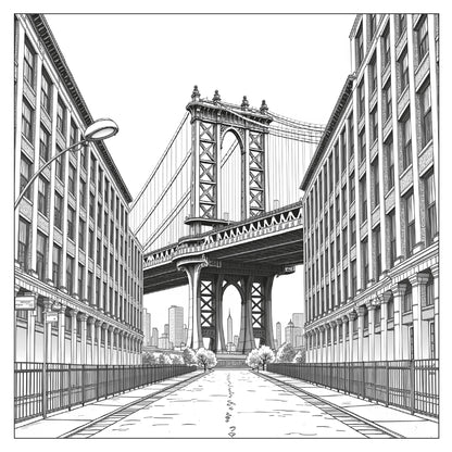 Manhattan Bridge view between buildings — line art coloring page from New York Travel Coloring Book for Adults | MATI Publishing