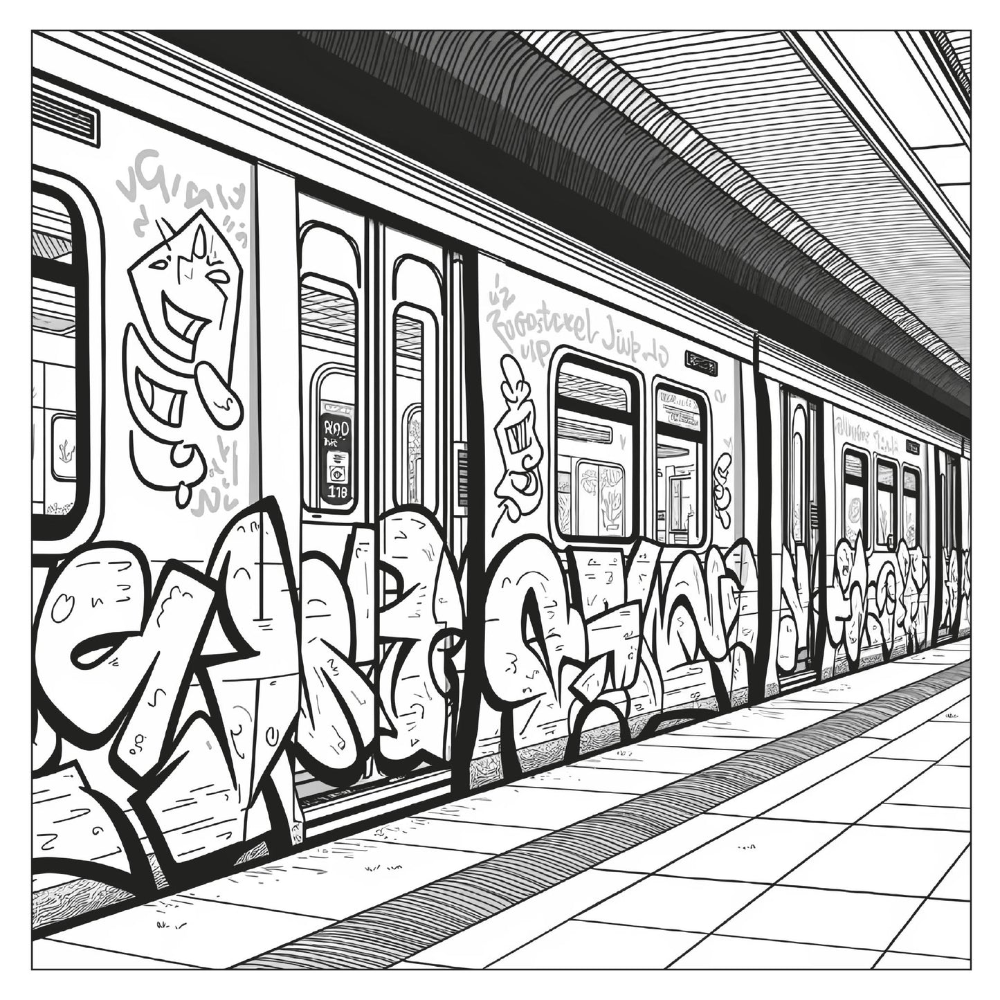 Subway train with graffiti — line art coloring page from New York Travel Coloring Book for Adults | MATI Publishing
