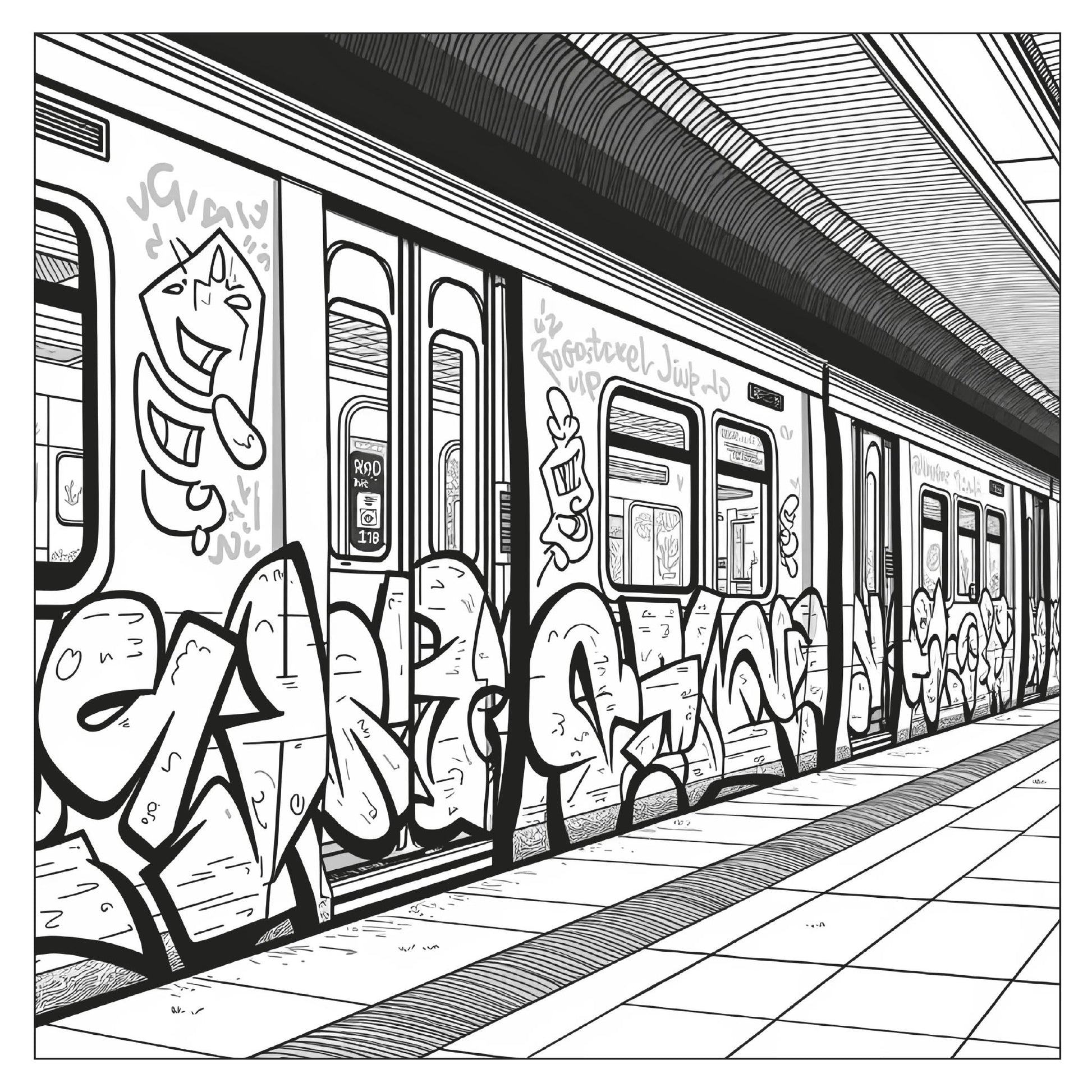 Subway train with graffiti — line art coloring page from New York Travel Coloring Book for Adults | MATI Publishing