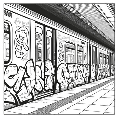 Subway train with graffiti — line art coloring page from New York Travel Coloring Book for Adults | MATI Publishing