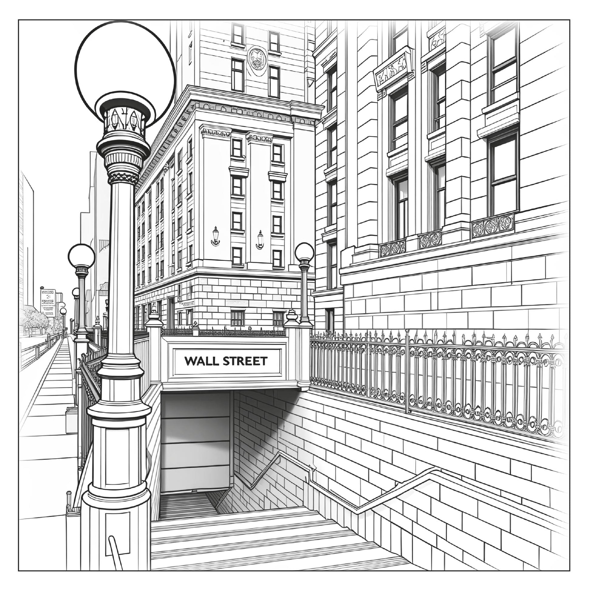 Wall Street subway entrance — line art coloring page from New York Travel Coloring Book for Adults | MATI Publishing