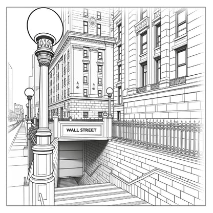 Wall Street subway entrance — line art coloring page from New York Travel Coloring Book for Adults | MATI Publishing