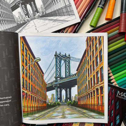 Manhattan Bridge coloring page in progress with pencils — line art coloring page from New York Travel Coloring Book for Adults | MATI Publishing