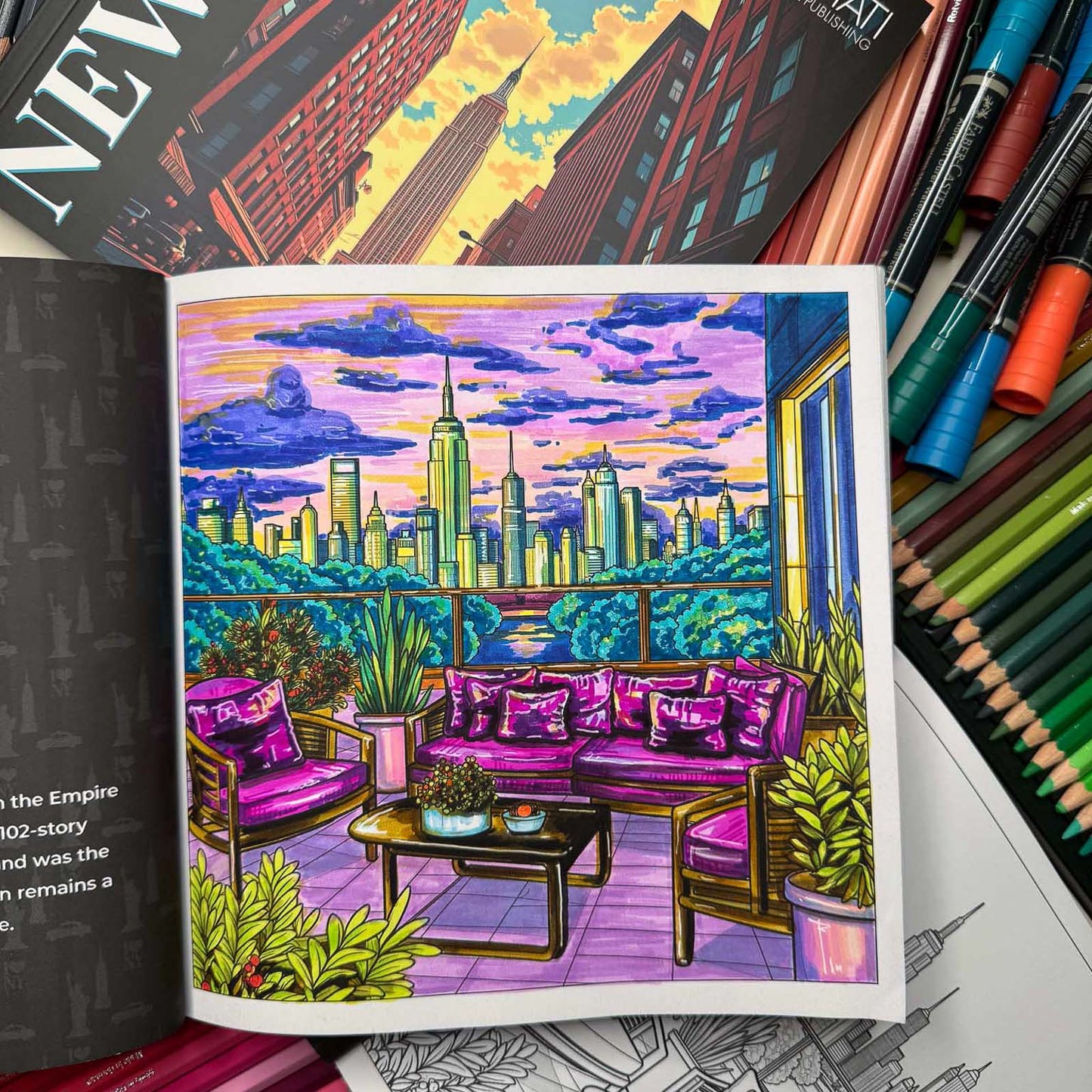 Balcony with Empire State Building coloring page in progress — line art coloring page from New York Travel Coloring Book for Adults | MATI Publishing