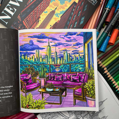 Balcony with Empire State Building coloring page in progress — line art coloring page from New York Travel Coloring Book for Adults | MATI Publishing