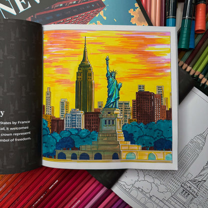 Statue of Liberty with Empire State Building coloring page in progress — line art coloring page from New York Travel Coloring Book for Adults | MATI Publishing