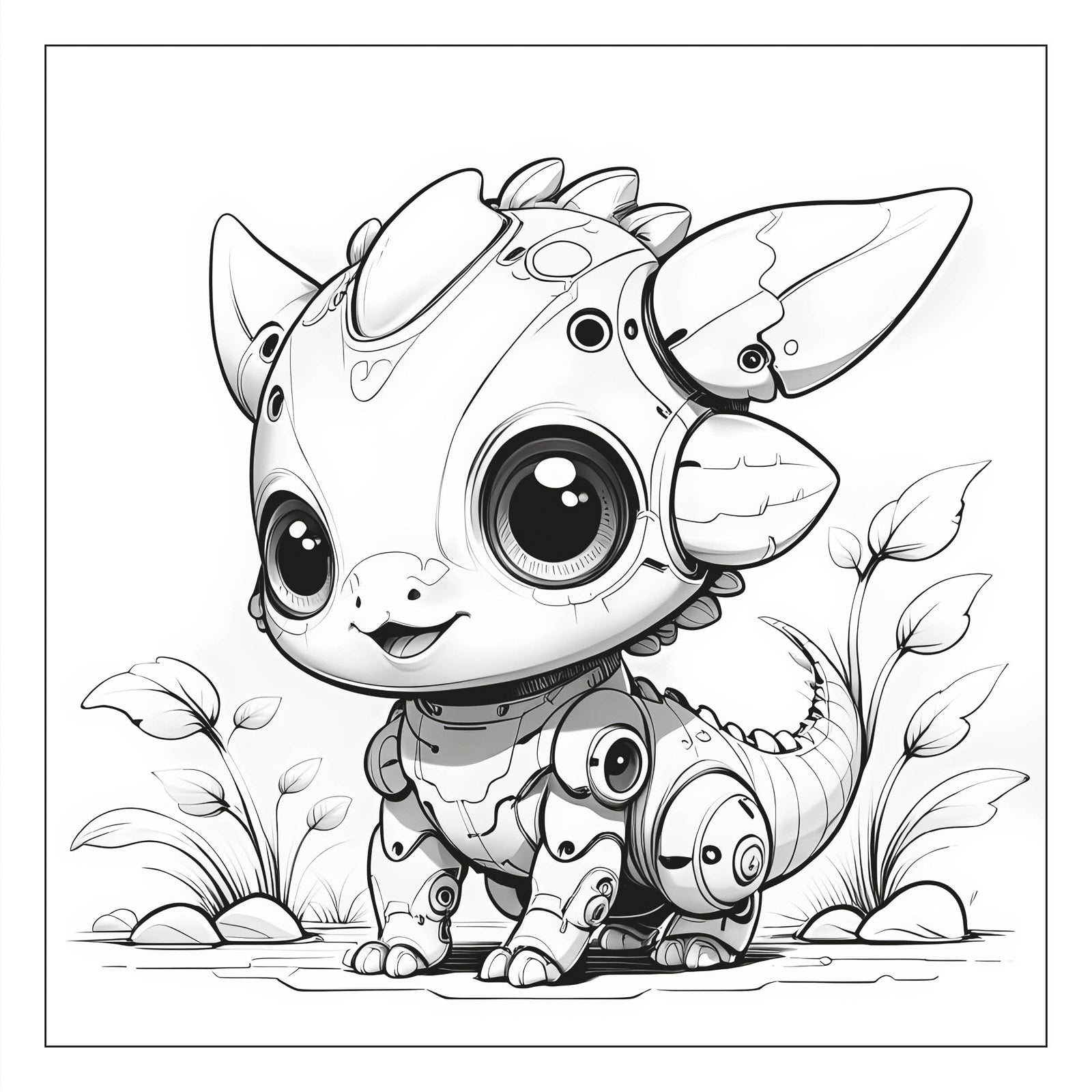 Robot-dinosaur scene — line art coloring page from Robosaurus and His Friends (ages 4–8) | MATI Publishing